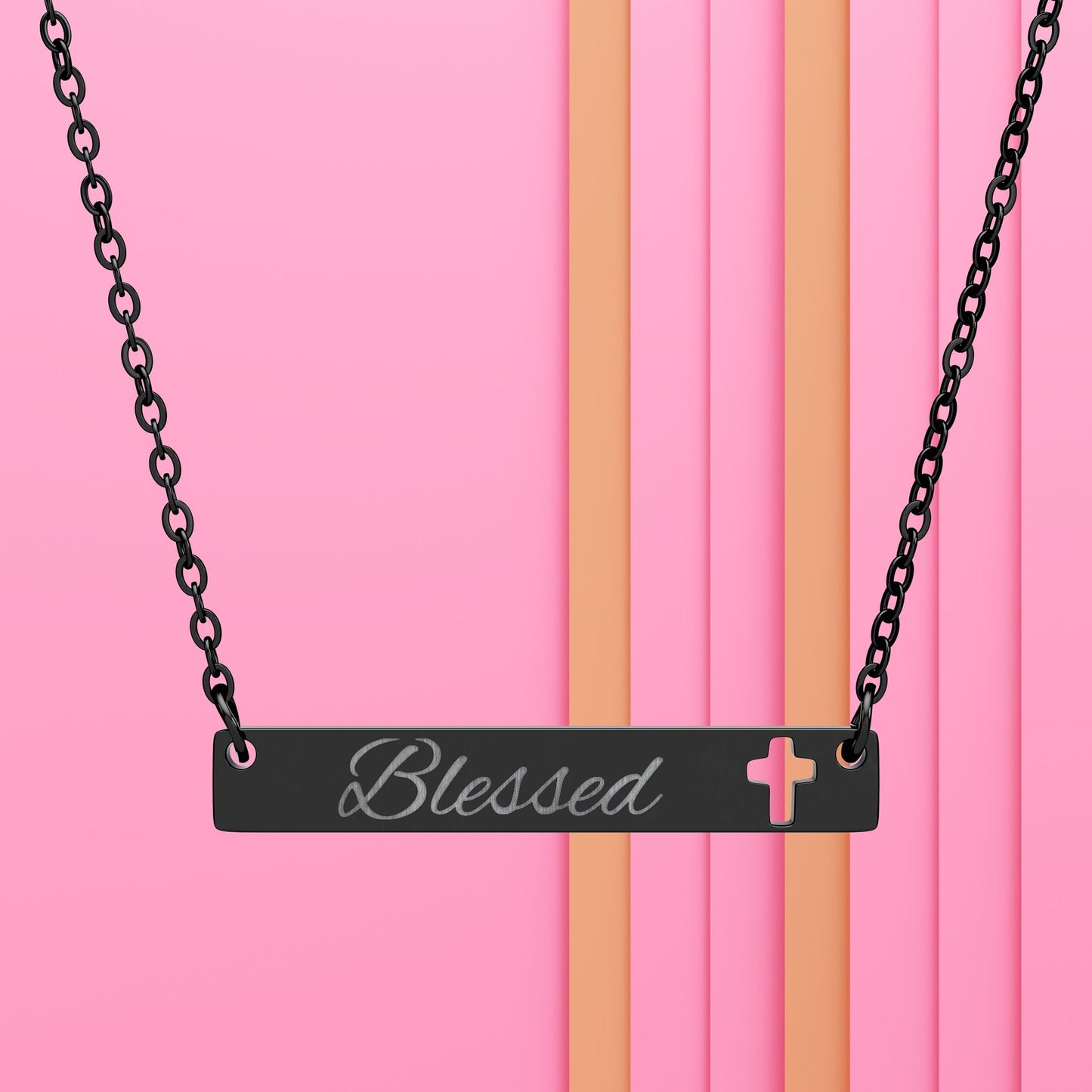 Blessed Cutout Cross Bar Necklace — Engraved Pendant