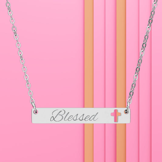 Blessed Cutout Cross Bar Necklace — Engraved Pendant